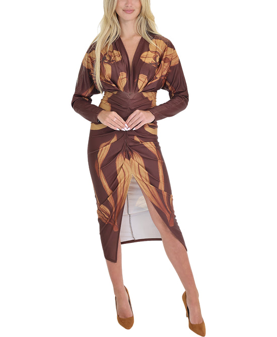 Printed Ruched Midi Dress w/ Front Slit view 