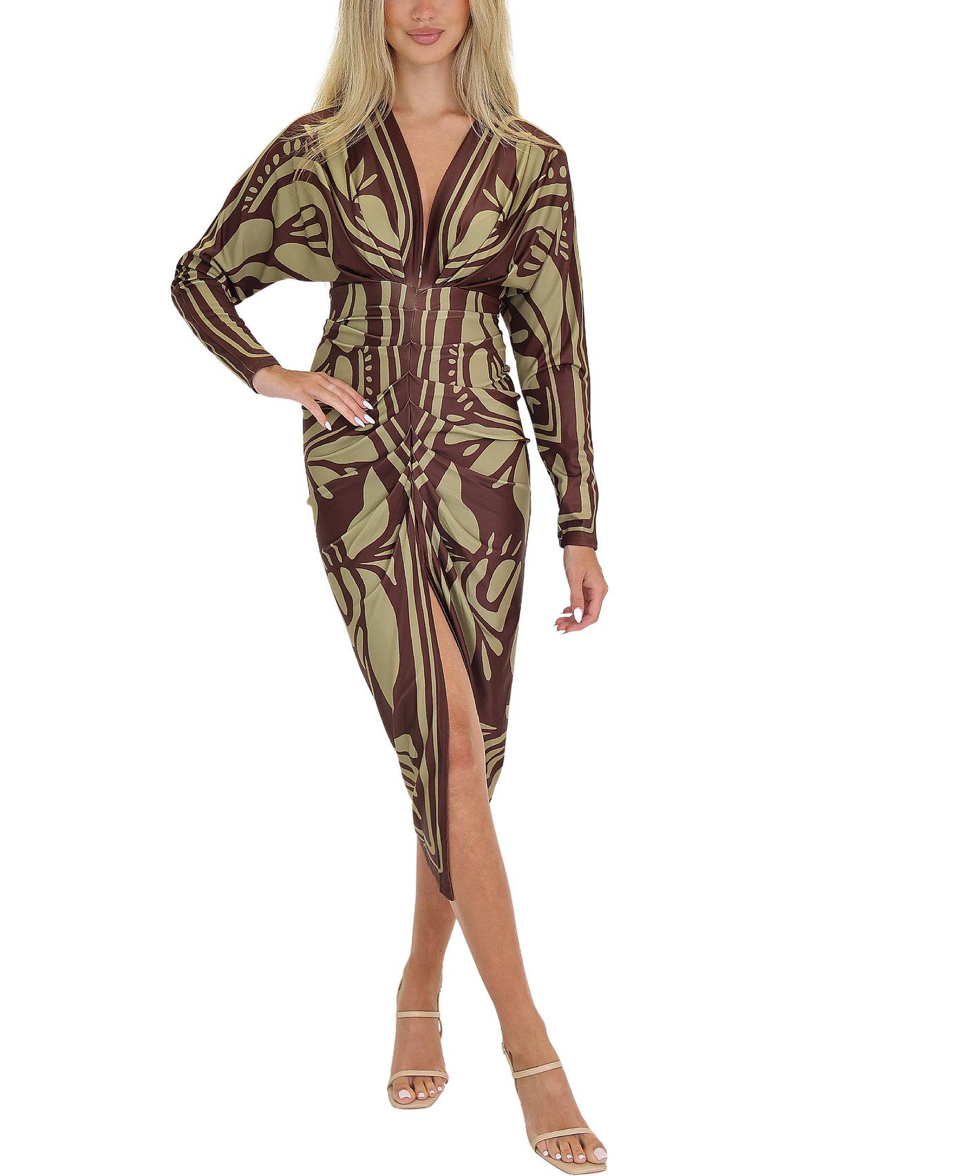 Printed Ruched Midi Dress w/ Front Slit view 1