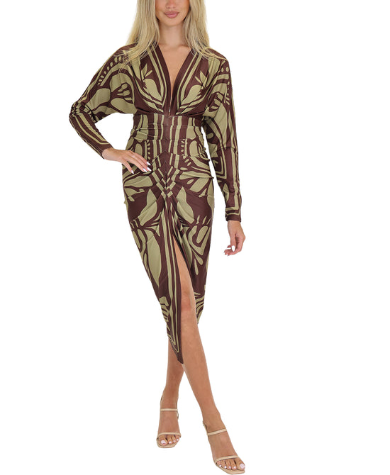 Printed Ruched Midi Dress w/ Front Slit view 