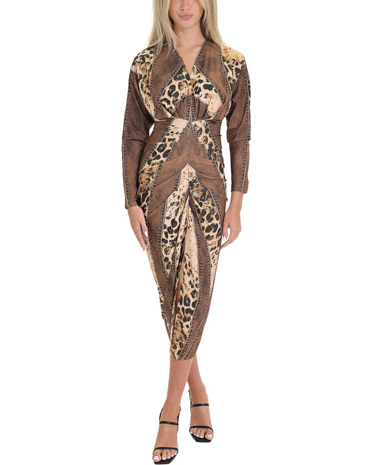 Leopard Ruched Midi Dress w/ Front Slit view 