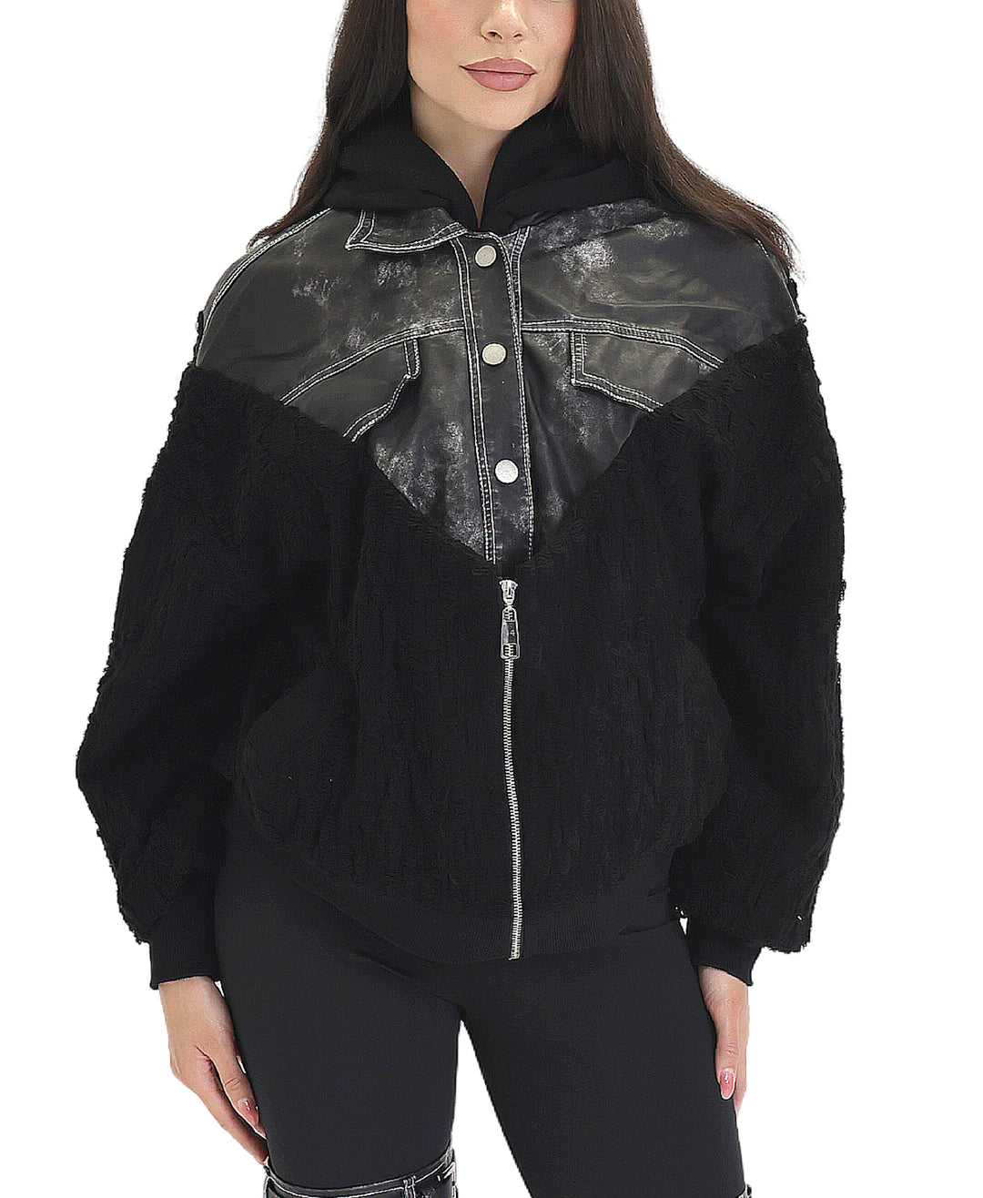Knit Hoodie w/ Faux Leather Detail – FOX