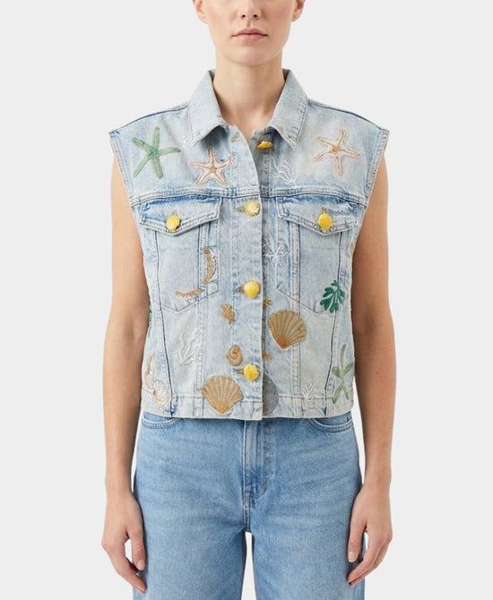Denim Vest w/ Embroidered Shells view 1