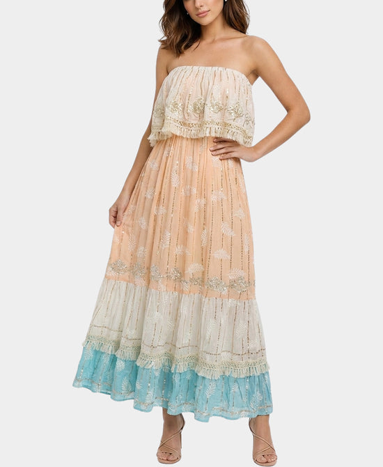 
Strapless Tiered Maxi Dress in IVORY/PEACH/AQUA view 1
