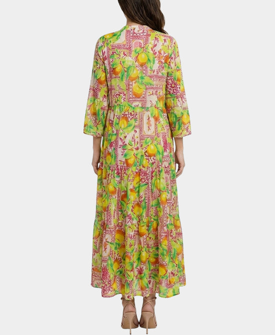 
Lemon Print Maxi Dress w/ Beading in YELLOW/FUSCHIA view 2