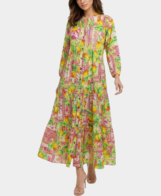 
Lemon Print Maxi Dress w/ Beading in YELLOW/FUSCHIA view 1