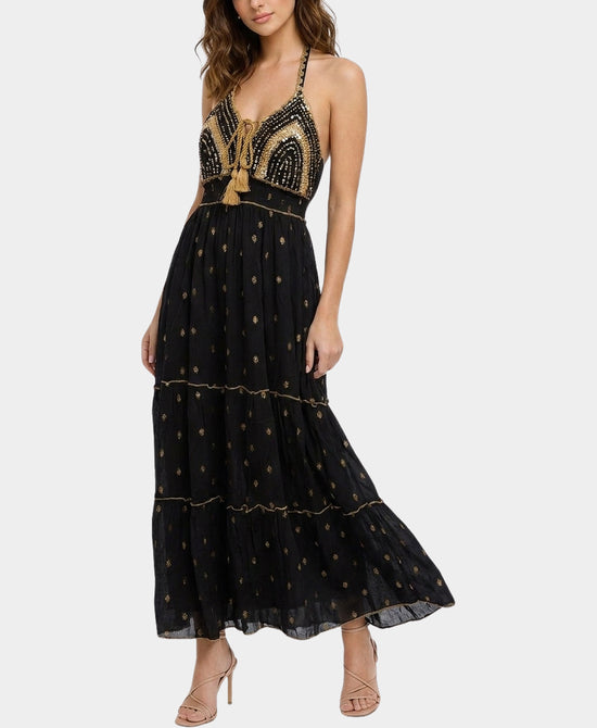 
Halter Maxi Dress w/ Crochet & Sequin Detail in BLACK view 1