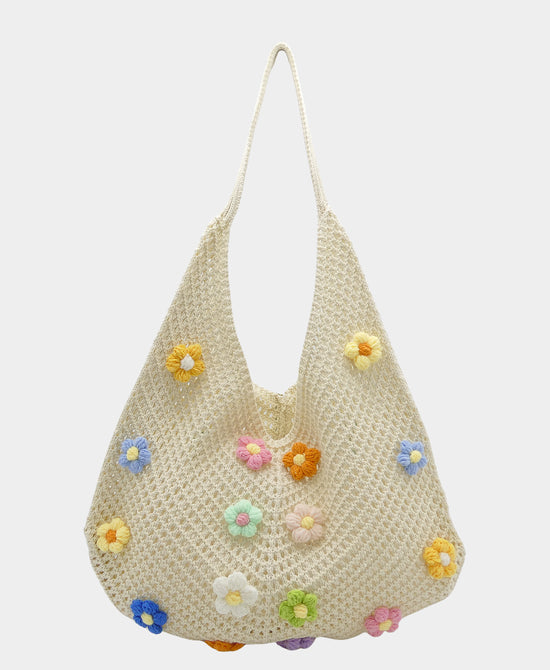 
Crochet Hobo Bag w/ 3D Flowers in IVORY view 1