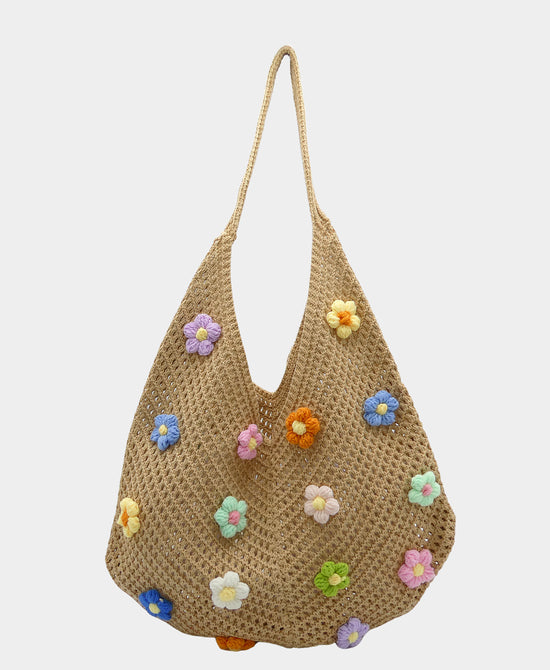 
Crochet Hobo Bag w/ 3D Flowers in CAMEL view 1