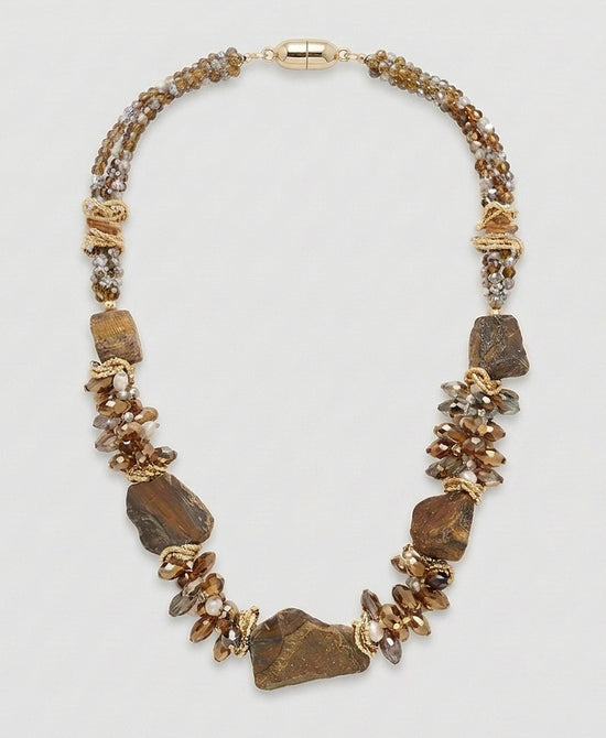 
Tigers Eye & Fresh Water Pearl Cluster Beaded Necklace in BROWN view 2
