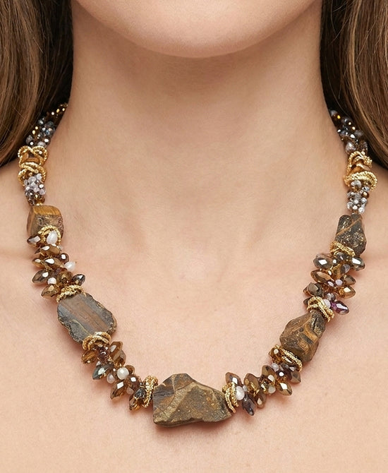 
Tigers Eye & Fresh Water Pearl Cluster Beaded Necklace in BROWN view 1