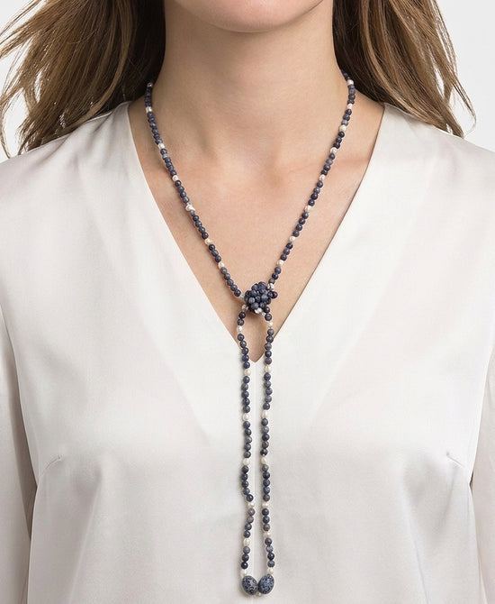 
Stone Beaded Necklace w/ Pearls in BLUE view 1