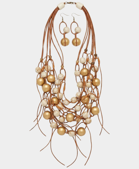 
Fringe Statement Necklace w/ Beads & Earrings Set in BROWN view 2