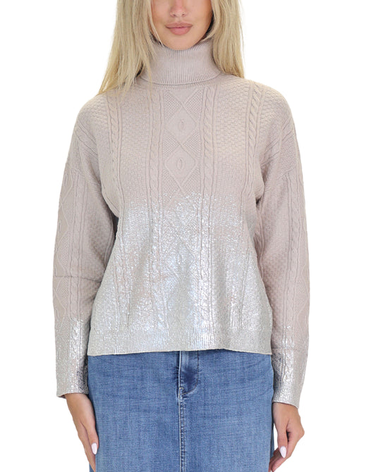 Cable Knit Turtleneck Sweater w/ Metallic Detail view 