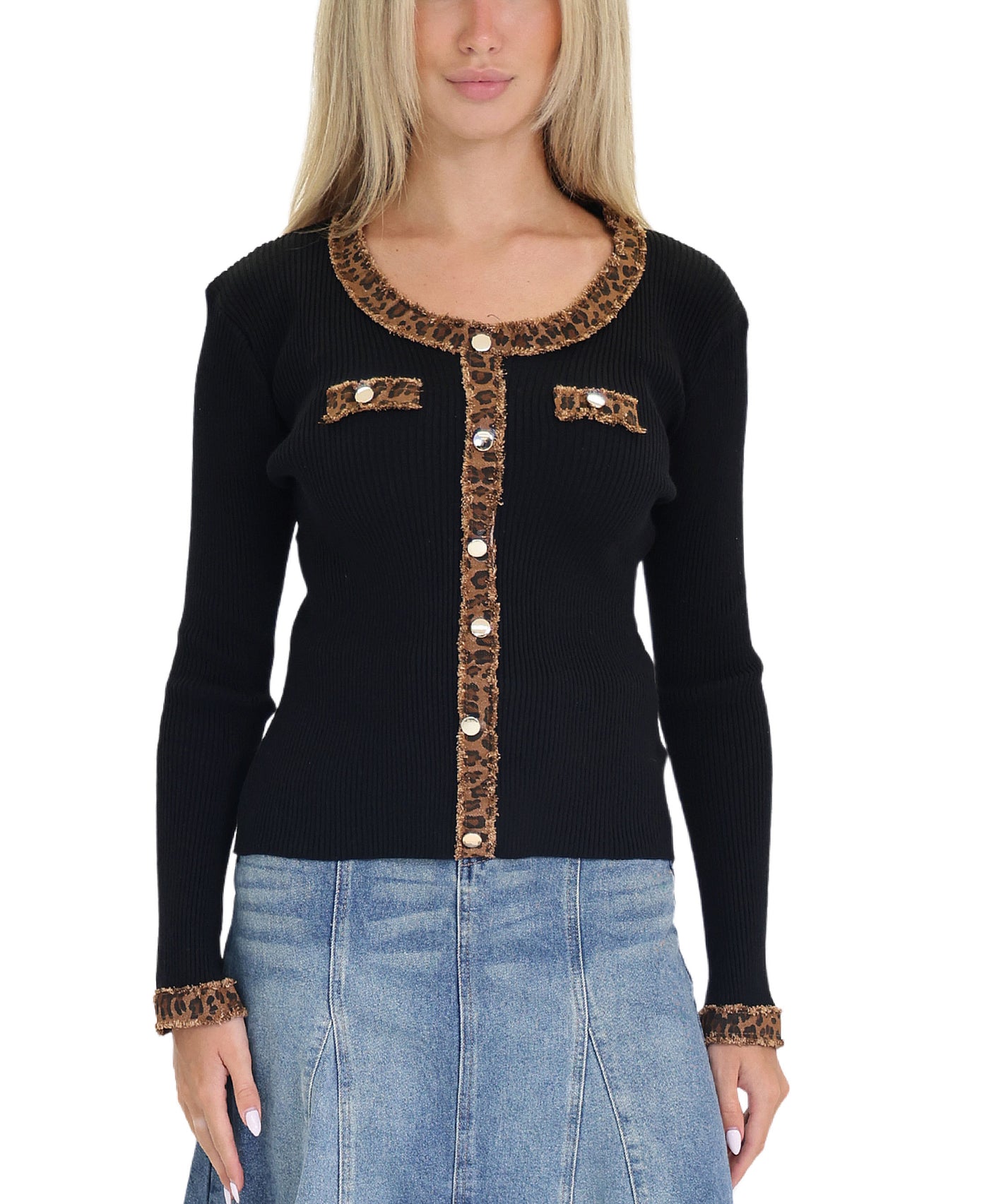 Ribbed Top w/ Leopard Trim view 1