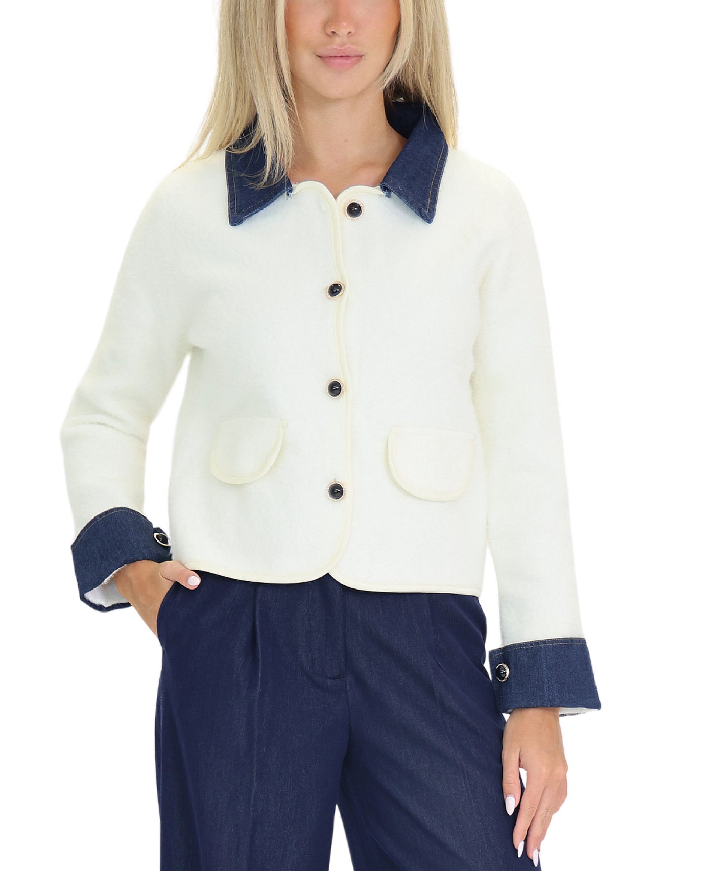 Fuzzy Cardigan w/ Denim Trim view 1