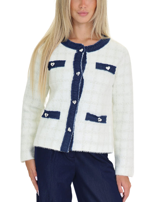 Fuzzy Cardigan w/ Denim Trim view 