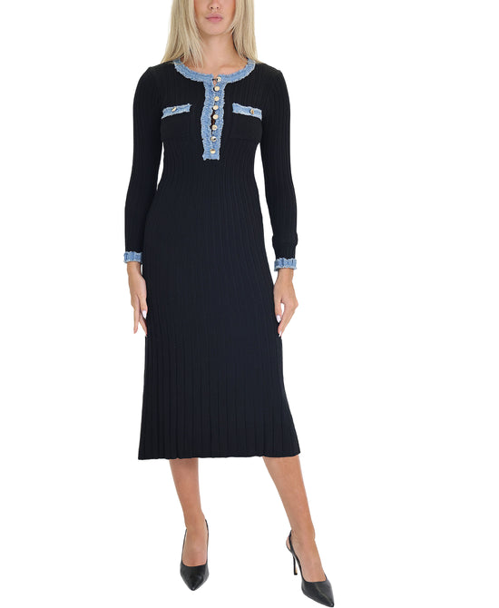 Ribbed Midi Dress w/ Denim Trim view 