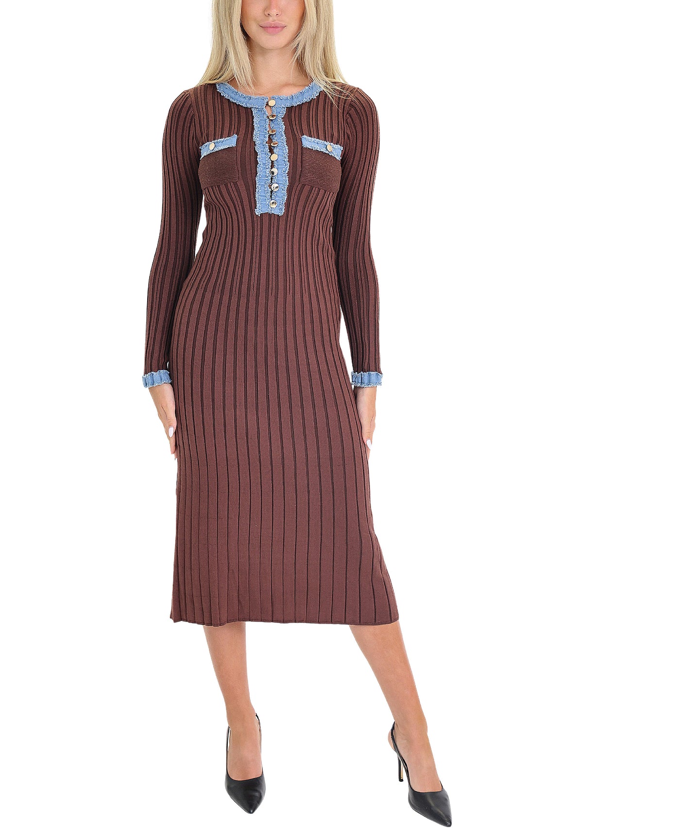 Ribbed Midi Dress w/ Denim Trim view 1