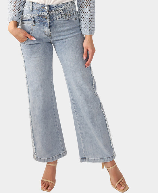 Asymmetrical Lace Trim Jeans view 1