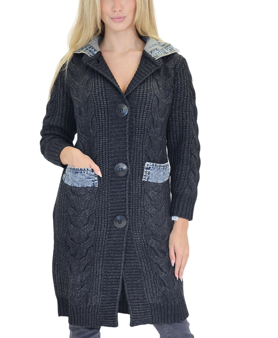 Denim Trim Sweater Jacket w/ Hood view 