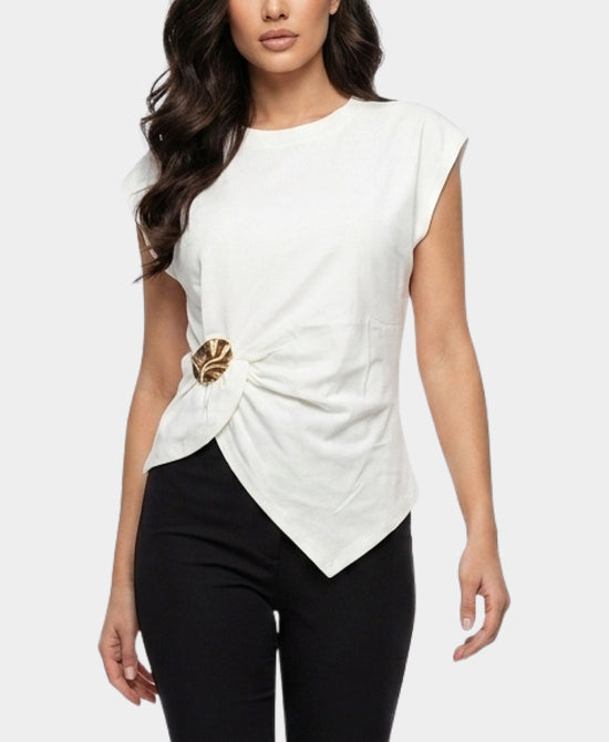 
Asymmetrical Tee w/ Gold Metal Accent in WHITE view 1