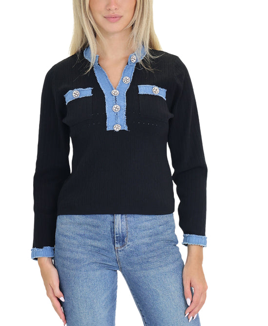 Ribbed Top w/ Denim Trim view 