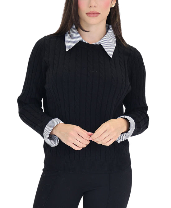 Cable Knit Sweater w/ Stripe Collar & Cuffs view 