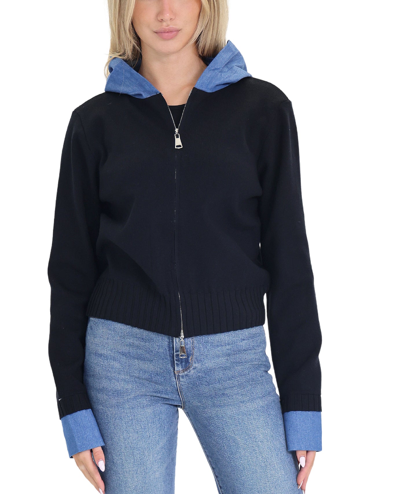 Knit Zip Up w/ Denim Trim view 1