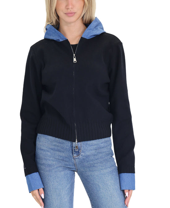 Knit Zip Up w/ Denim Trim view 