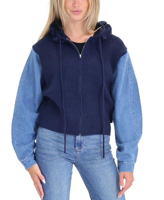 Knit Zip Up w/ Denim Sleeves view 