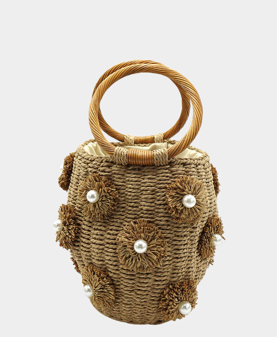 Straw Oval Handbag w/ Pearls view 1