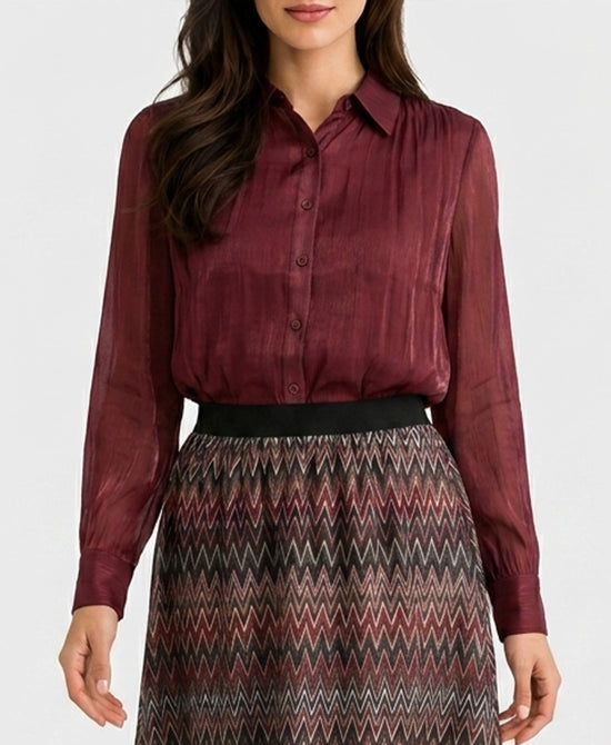 
Pleated Shimmer Blouse w/ Bubble Bottom in BURGUNDY view 1
