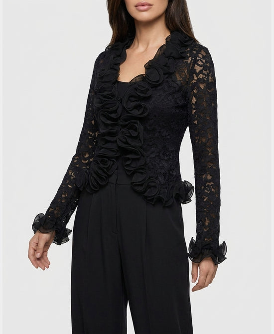 
Lace Blouse w/ Ruffle Trim in BLACK view 1