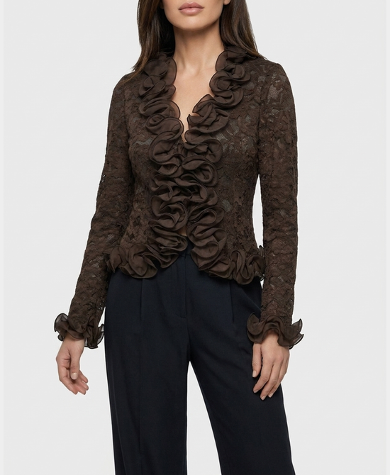 
Lace Blouse w/ Ruffle Trim in BROWN view 1