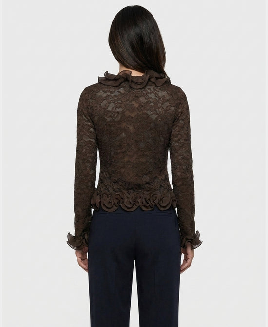 
Lace Blouse w/ Ruffle Trim in BROWN view 2