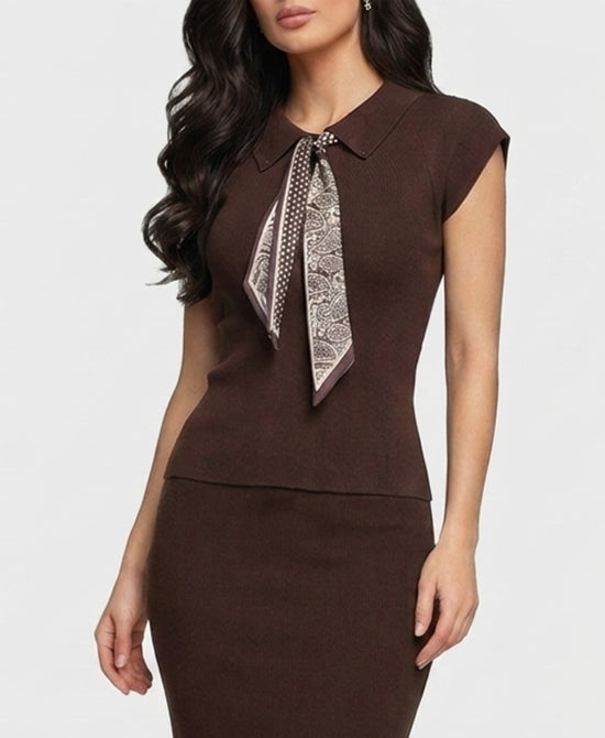 
Sleeveless Knit Polo w/ Scarf in BROWN view 1