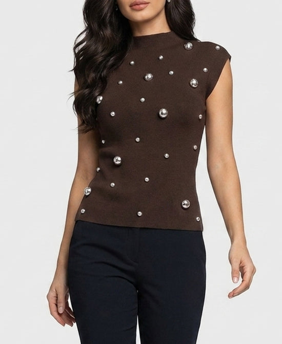 
Knit Top w/ Silver Studs in BROWN view 1