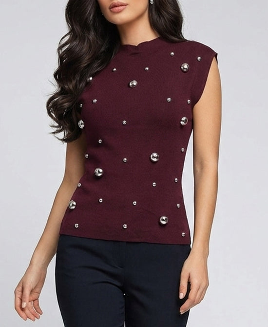 
Knit Top w/ Silver Studs in BURGUNDY view 1