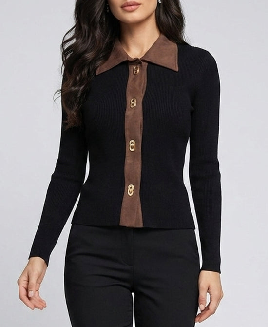 
Knit Rib Top w/ Faux Suede Trim in BLACK/BROWN view 1