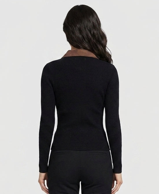 
Knit Rib Top w/ Faux Suede Trim in BLACK/BROWN view 2