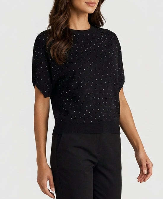 
Short Sleeve Sweater w/ Crystals in BLACK view 1