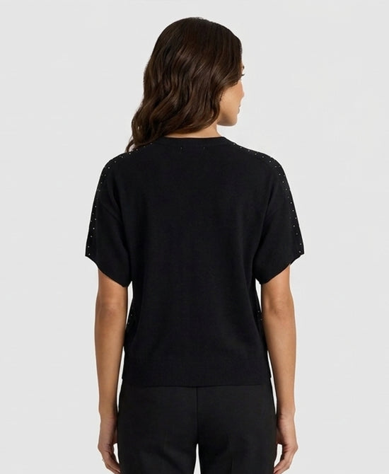 
Short Sleeve Sweater w/ Crystals in BLACK view 2
