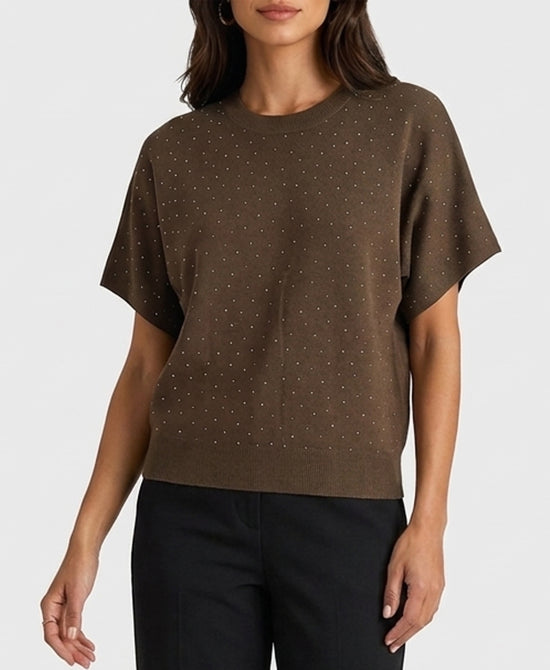 
Short Sleeve Sweater w/ Crystals in OLIVE view 1