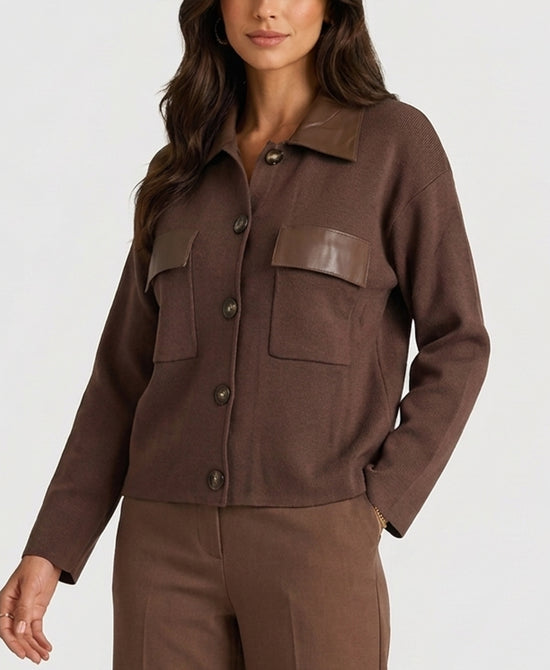 
Sweater Jacket w/ Faux Leather Trim in BROWN view 1