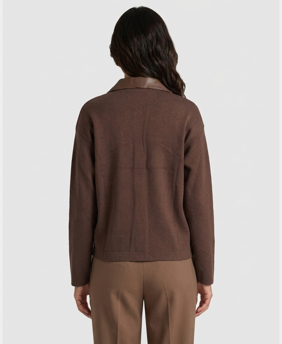 
Sweater Jacket w/ Faux Leather Trim in BROWN view 2