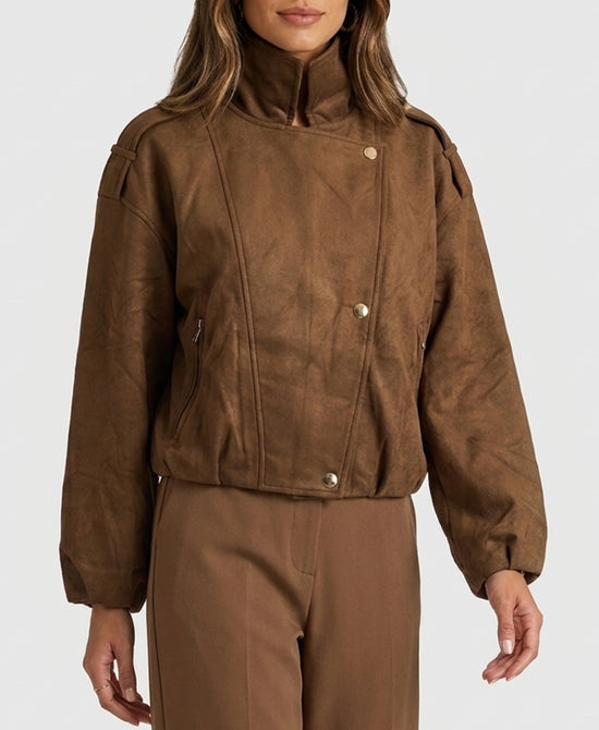 
Faux Suede Bubble Hem Jacket in BROWN view 1