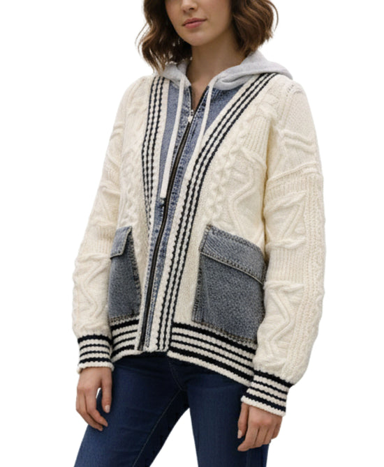 Denim & Cable Knit Sweater Jacket view 