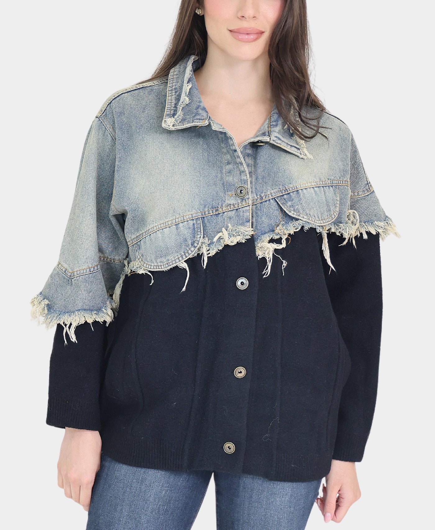 Denim & Knit Jacket w/ Raw Edge view 3