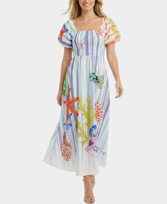 
Sea Life Maxi Dress w/ Puff Sleeves in MULTI view 1
