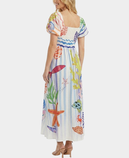 
Sea Life Maxi Dress w/ Puff Sleeves in MULTI view 2